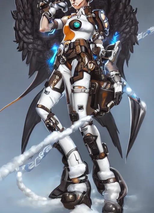 Prompt: full body artwork of tracer overwatch, wearing white latex and leather straps armor outfit, in style of mark arian, angel wings, dramatic painting, wearing detailed leather collar, ornate highly detailed armor, chains, black harness, detailed face and eyes,