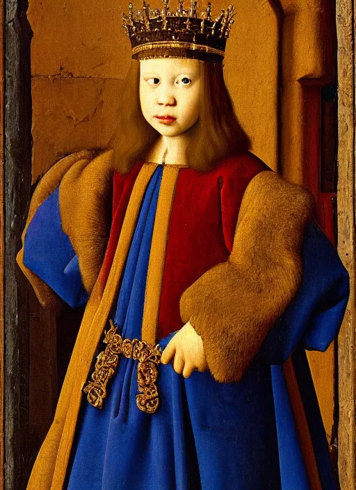 Image similar to portrait of a young king with a crown, medieval painting by Jan van Eyck, Johannes Vermeer, Florence