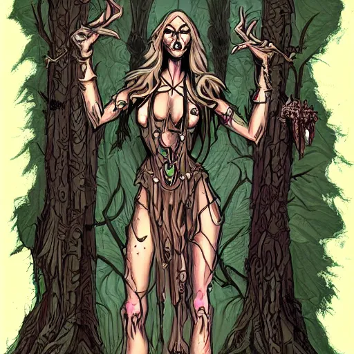 Prompt: character art of evil druidess | by Brom | blighted forest | comic book style