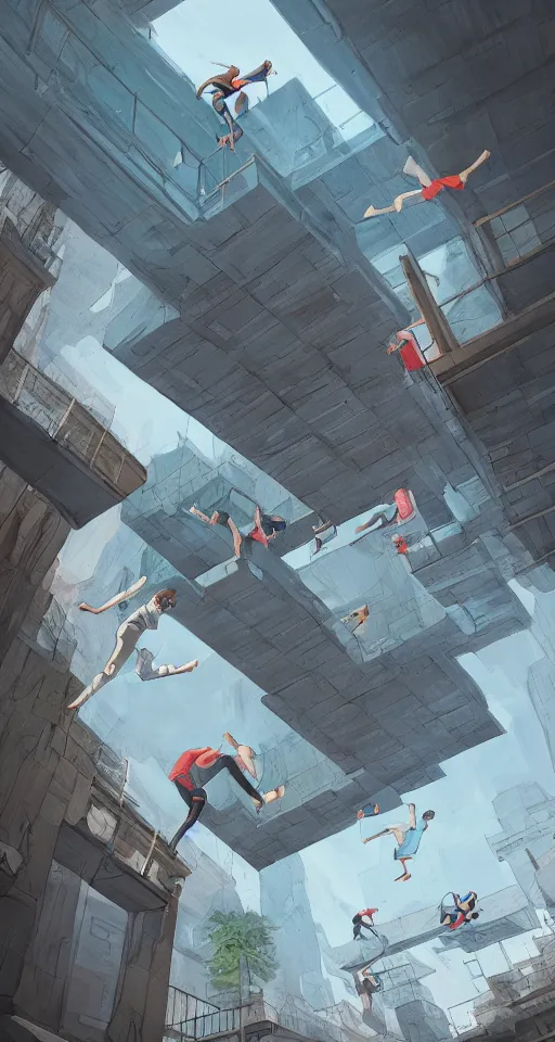 Prompt: A beautiful artwork illustration, a parkour course across dimensions, featured on artstation, wide angle, vertical orientation