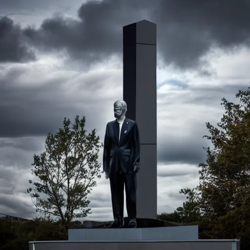 Image similar to 4 k portrait sony a 7 f 2. 8 of a gigantic stainless steel reflective shiny statue monolith of president joe biden as a taliban leader with neon lighting and moody cloudy skies