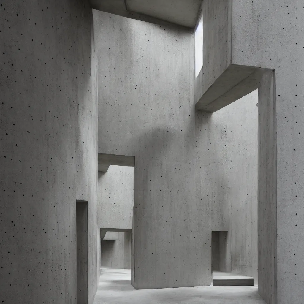 Prompt: photograph of a hallway, concrete, tadao ando, flowers, minimalist, architecture magazine, dezeen, 50mm, pentax, film