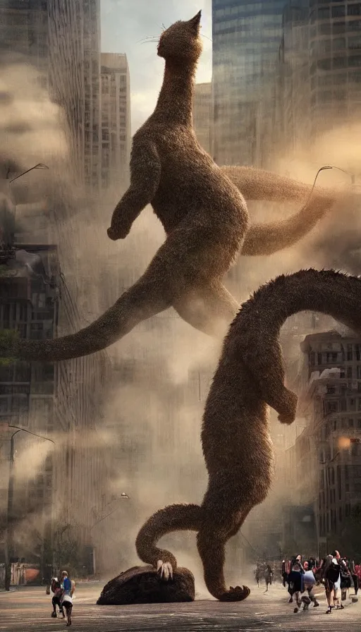 Prompt: hundreds of people running away from the giant catzilla. trending on artstation. realistic cinematography, photorealistic, photography, wide shot