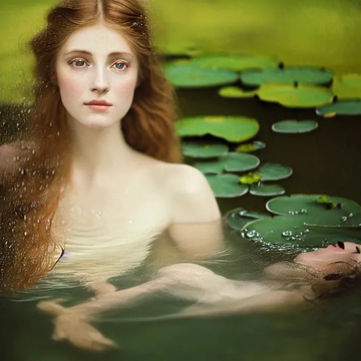 Prompt: Kodak Portra 400, 8K, soft light, volumetric lighting, highly detailed, britt marling style 3/4 ,portrait photo of a beautiful woman how pre-Raphaelites painter, the face emerges from the water of a pond with water lilies, half face and hair are immersed in water, a beautiful lace dress and hair are intricate with highly detailed realistic beautiful flowers , Realistic, Refined, Highly Detailed, natural outdoor soft pastel lighting colors scheme, outdoor fine art photography, Hyper realistic, photo realistic