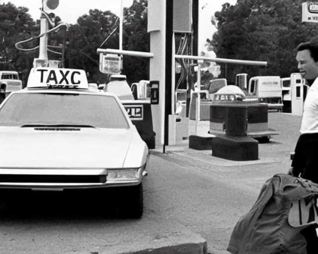 Image similar to elon musk walking in front of a taxi car, in front of a gas station, 1 9 7 0 s photo