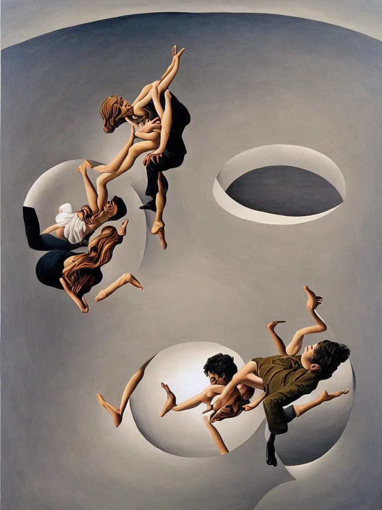 Image similar to optical illusion painting of a couple dancing in a worm hole, illusionism, mind blow, by leandro erlich and salvador dali, detailed