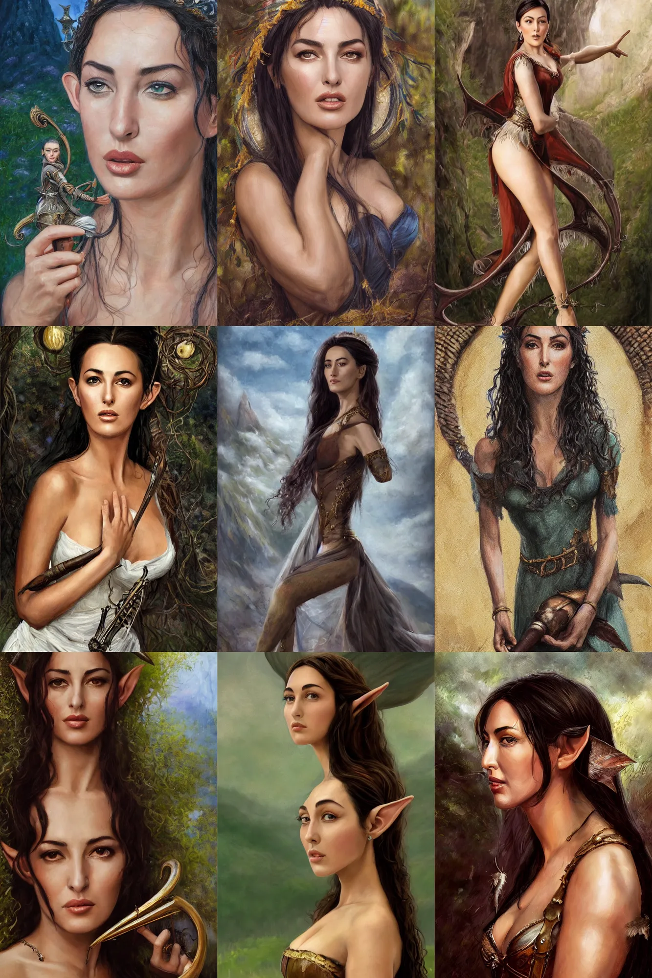 Prompt: a full body high detail fantasy portrait oil painting illustration of young monica bellucci as a beautiful sophisticated singing bard elf by justin sweet with face and body clearly visible, in a scenic background, pupils visible, realistic proportions, d & d, rpg, forgotten realms, artstation trending, high quality, sombre mood, artstation trending, muted colours, entire person visible!