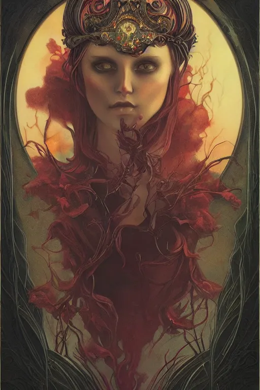 Image similar to jeweled Crown, other worldly, cruel and dark, art nouveau, by Anato Finnstark, Tom Bagshaw, Brom