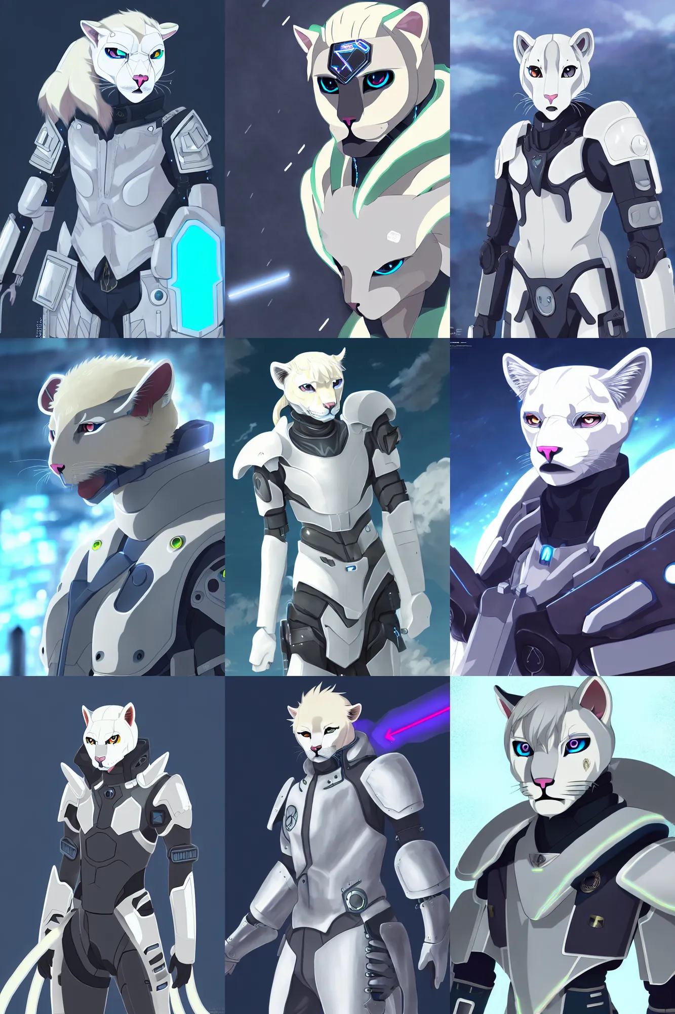 Prompt: albino mountain lion army general with neon cybertech roman armor, fursona, anthro, anime key visual, detailed armor, makoto shinkai, portrait