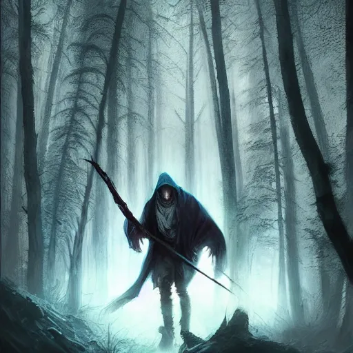 Image similar to ''cinematic shot'' dark hooded mage using his magic to create zombies in the dead forest with leaves falling simetrical 8 k atmosferic realistic made by ivan aivazovsky, peter mohrbacher, greg rutkowski volumetric light effect broad light oil painting painting fantasy art style sci - fi art style realism premium prints available artwork unreal engine