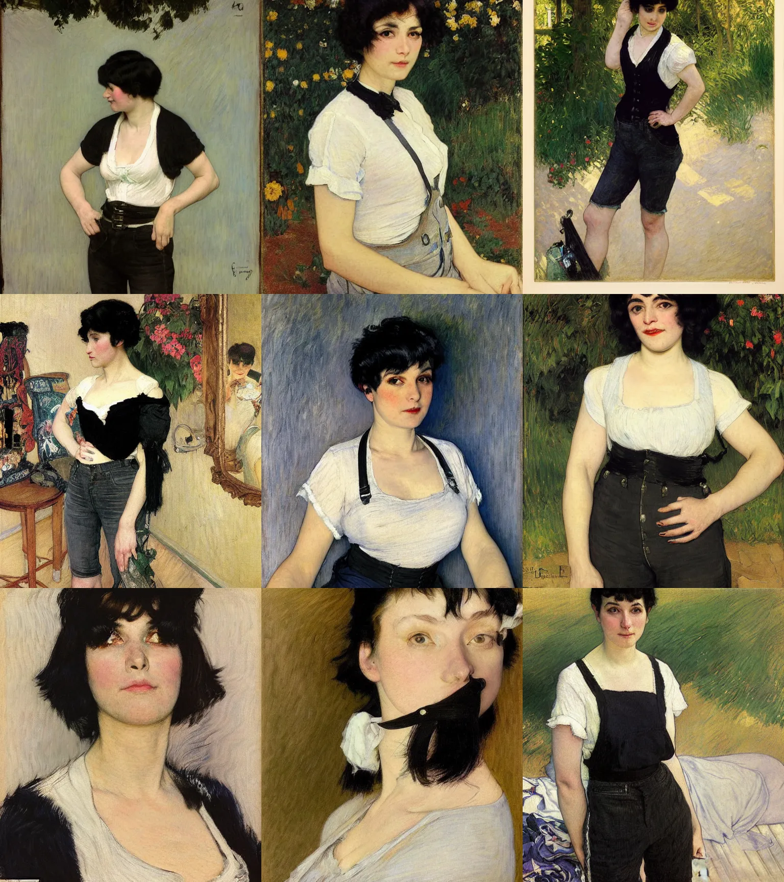 Prompt: a woman with black hair and long pixie haircut in shorts with suspenders and white t-shirt drawn by george bellows, gustave caillebotte, Alexandre Cabanel, norman rockwell, alphonso azpiri, maler collier, peter paul rubens, alphonse mucha, gustav klimt 4k, unreal 5, DAZ, french noveau, trending on artstation, octane render, hyperrealistic