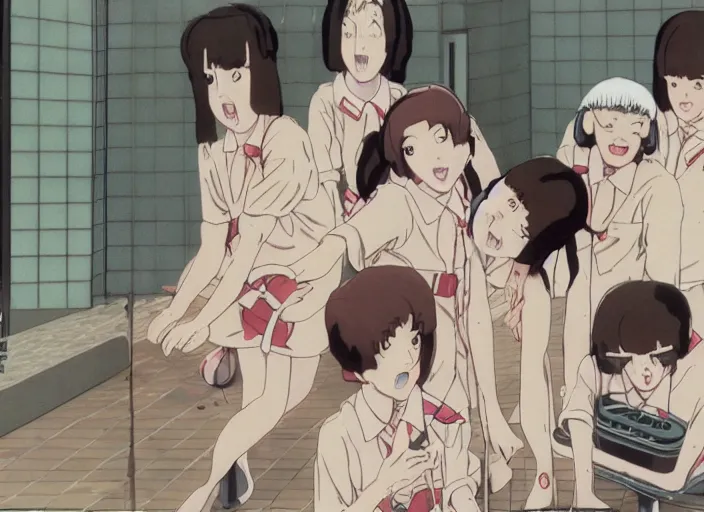 Image similar to screenshot from guro anime, 8 0's horror anime, yellowed grainy vhs footage with noise, four schoolgirls trapped in a bathroom, bathroom stalls and sinks and tiled floor, girls are in beige sailor school uniforms, one girl has white hair, detailed expressive faces, various hair colors and styles, in the style of ghibli,