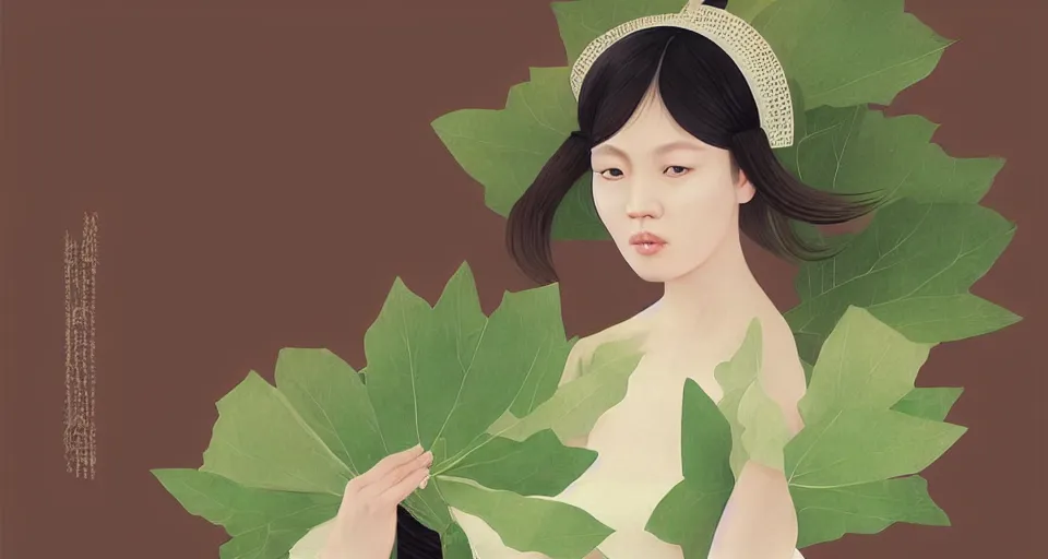 Image similar to asian female wearing leaf costume, art by dannylailai, by hsiao ron cheng