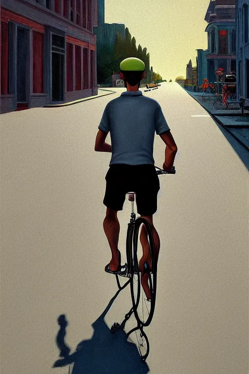 Prompt: young man riding a bicycle with a colorful energy, in the style of edward hopper, solarpunk, atmospheric, clean, intricate and epic composition, gray by caravaggio, insanely quality, highly detailed, masterpiece, white light, artstation, 4 k
