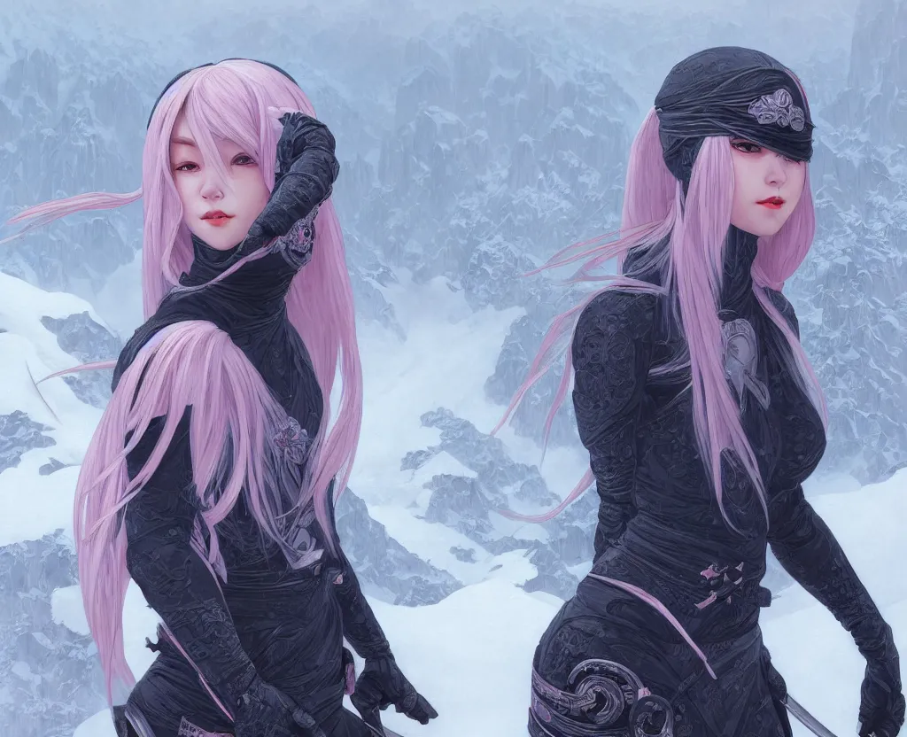 Prompt: portrait grey hair ninja gaiden girl, black plus little pink ninja wardrobe, at snowy fuji mountain sunrise, ssci - fi and fantasy, intricate and very very beautiful, detailed, digital painting, artstation, concept art, smooth and sharp focus, illustration, art by tian zi and wlop and alphonse mucha