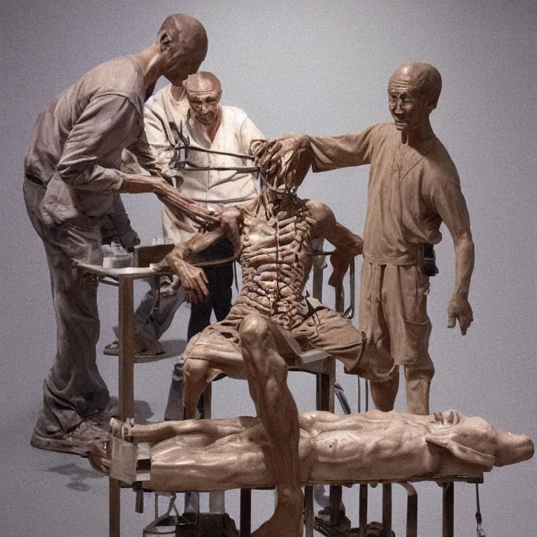 Image similar to hyperrealistic sculpture of a fossilized bronze chinese prisoner on an operating table in a cage on a pedestal, surrounded by surgeons, by ron mueck and duane hanson and lee bontecou and giacometti, hyperrealistic dramatic colored lighting trending on artstation 8 k