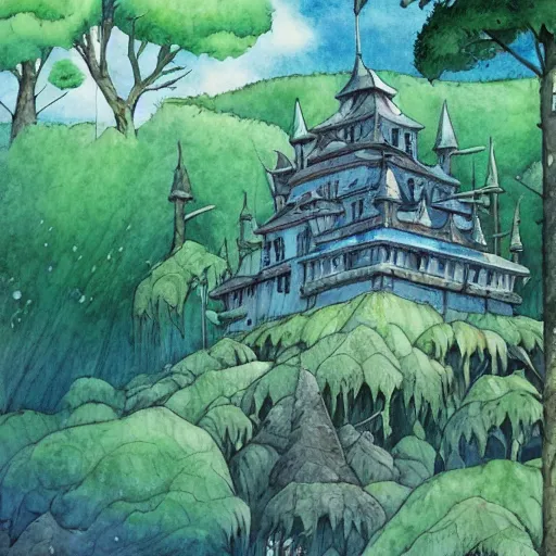 Image similar to laputa castle in the sky robot hayao miyazaki stands in a small clearing among trees, watercolor illustration for a book