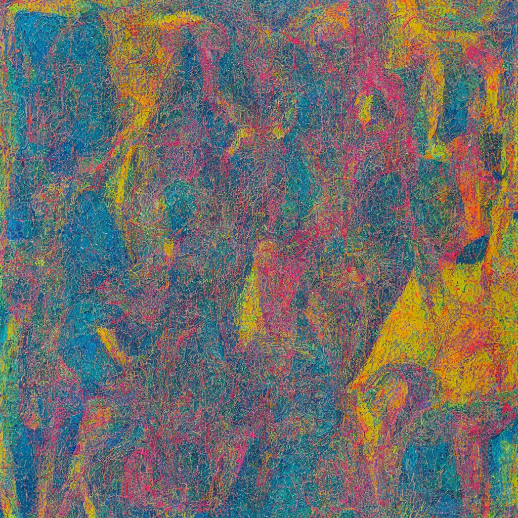 Prompt: two human figures anxiety, smiling, abstract, maya bloch artwork, ivan plusch artwork, cryptic, lines, stipple, dots, abstract, geometry, splotch, concrete, color tearing, uranium, acrylic, hints of color, pitch bending, faceless people, dark, ominous, eerie, minimal, points, technical, painting