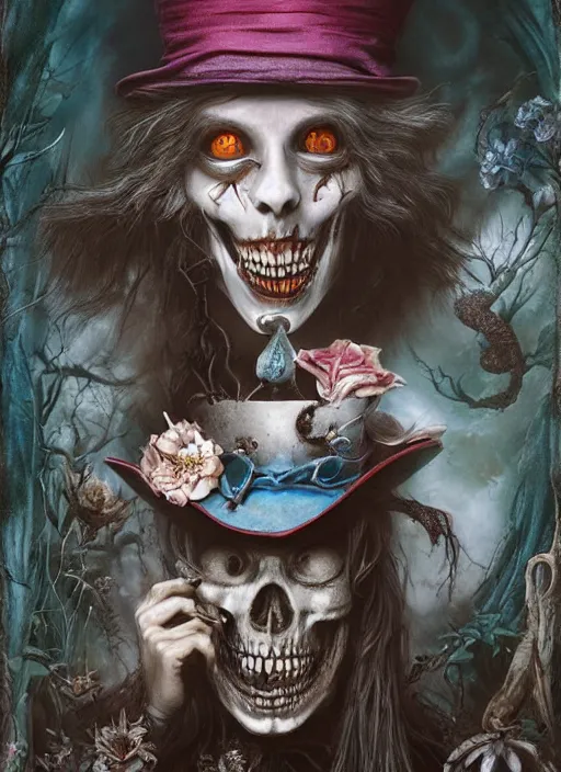 Image similar to Alice in Wonderland Mad Hatter Death Tarot card,highly detailed,half skull face,cinematic,8k,by Stanley Artgermm,Tom Bagshaw,Greg Rutkowski,Carne Griffiths, Ayami Kojima, Beksinski, Giger,Anne Stokes, Benjamin Lacombe, Naoto Hattori,trending on DeviantArt,hyper detailed,horror, full of colour