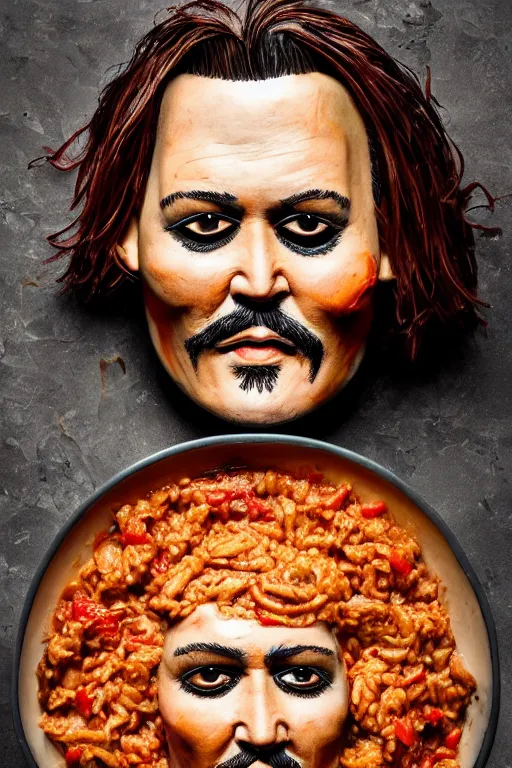 Image similar to johnny depp made out of jambalaya, a human face made out of a bowl of jambalaya, professional food photography