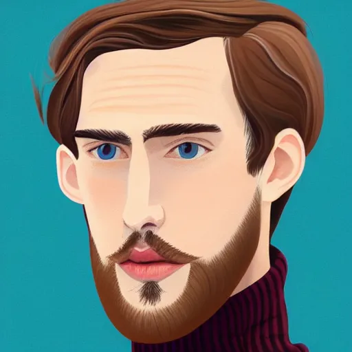 Prompt: gangly man with short light brown wavy hair, light brown stubble beard, no mustache, English heritage, blue eyes, middle aged, wearing a turtleneck and jacket, pale skin, narrow face, digital art, painterly, cartoon, cute, 8k, illustration, art by loish, painterly, trending on artstation, medium shot, uncropped