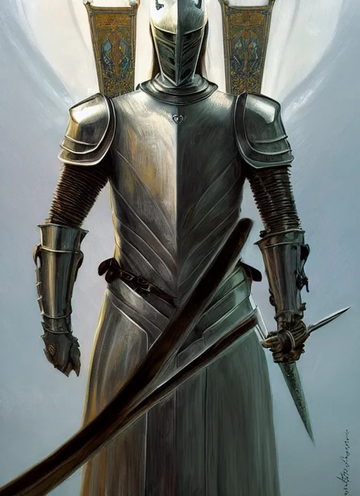 Image similar to esoteric knight in armor with sword!! murky lighting, wind blowing, full body portrait, fairytale, physical mental perfection, symmetrical! intricate, romanticism, highly detailed, biblical divine holy perfection!! digital painting, artstation, concept art, smooth, sharp focus, by artgerm and greg rutkowski and alphonse mucha