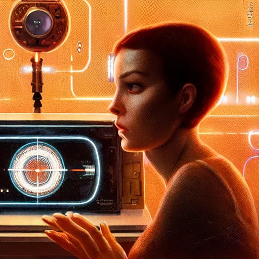 Image similar to detailed face of a synthetic sentient super - intelligent woman being powered on and nixie tube eyes warming up, warm space, cool skydome, fresh atmosphere, syd mead, livia prima, artgerm, greg rutkowski, pj crook, nick alm, casey baugh