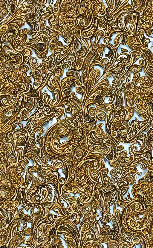 Image similar to ornamental pattern rapport, beautiful metallic accents, golden details, royal, elegant, pattern, full page illustration, oil on canvas