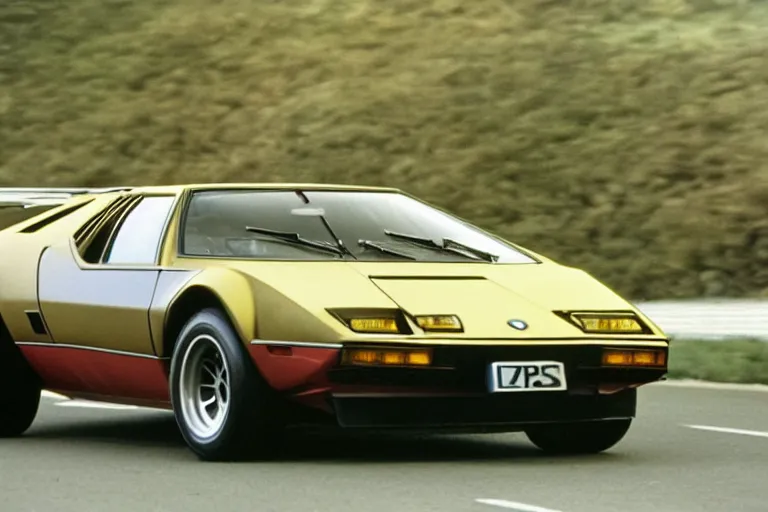 Prompt: 1975 De Tomaso Pantera BMW M1 Countach, movie still, speed, cinematic Eastman 5384 film