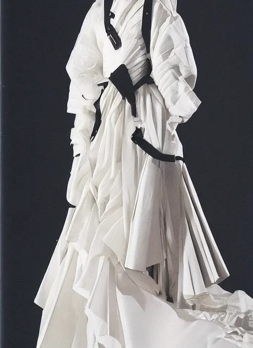 Prompt: a portrait of a japanese model detailed features wearing a wedding dress - chic'techno fashion trend lots of zippers, pockets, synthetic materials, jumpsuits. - by issey miyake by ichiro tanida and mitsuo katsui