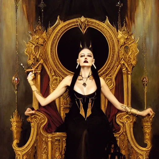 Image similar to perfectly centered portrait of attractive vampire queen in gold gothic robe sitting on a throne of black bones, painting by gaston bussiere, craig mullins, j. c. leyendecker, 8 k, mid shot