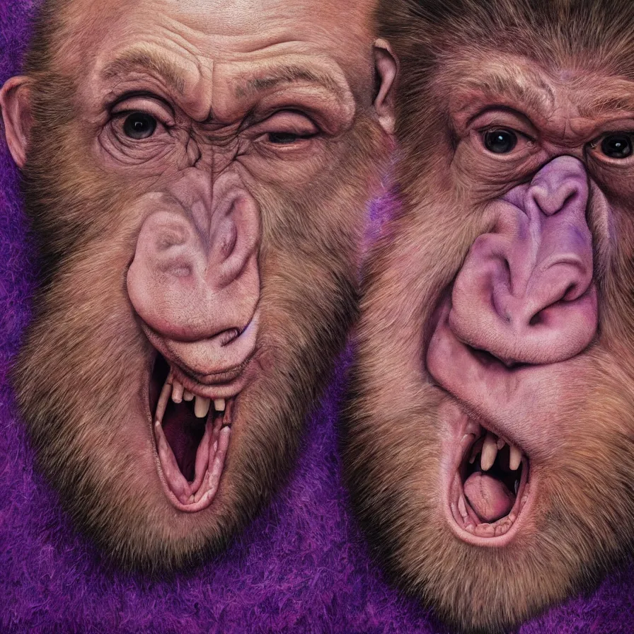 Image similar to hyper realistic portrait painting by chuck close, studio lighting, brightly lit purple room, an ape with antlers laughing, a giant rabbit clown crying