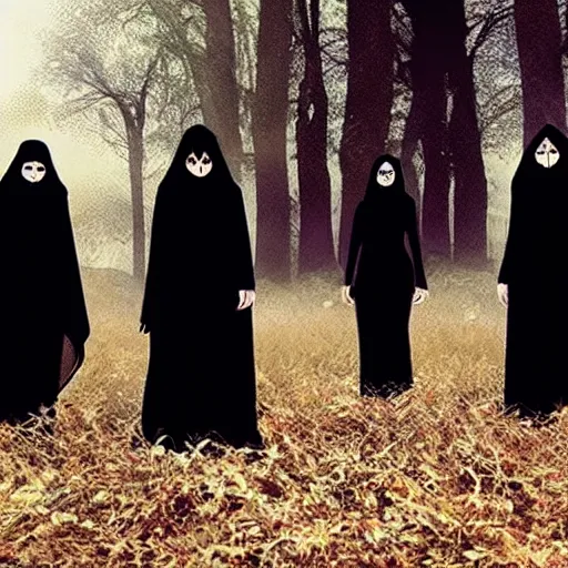 Prompt: three female witches dressed in black with veils:: graveyard:: red moon:: vampire blonde woman::