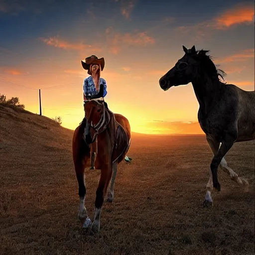 Image similar to a dodgy cowgirl wrangles her horse in a dusty old town in the old west, jumpy horses in the nearby hills, a sunset over the range, digital art