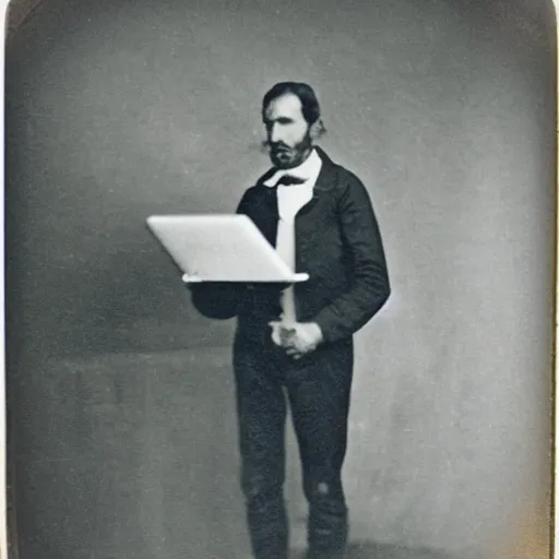 Image similar to old polaroid depicting a scientist from the 1 9 th century holding a modern day laptop