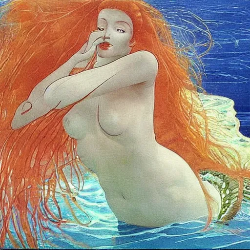 Image similar to A beautiful painting of a mermaid swimming in the ocean. Her long, flowing hair streams behind her as she gracefully navigates the water. A coral reef and colorful fish can be seen in the background. coral, YouTube by Hans Bellmer