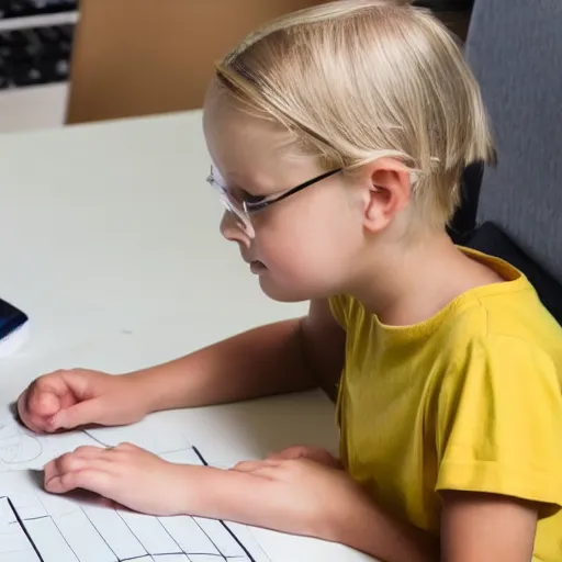 Image similar to a blonde toddler child baby girl working CAD computer drafting, civil engineer, sitting at a desk