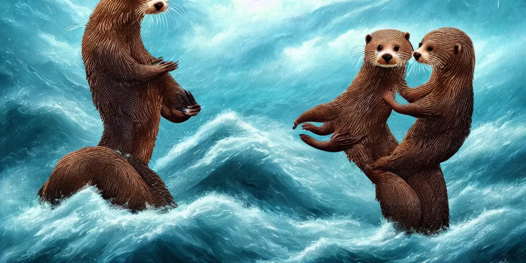 Image similar to beautiful fantasy illustration hyper detailed a pair of cute otters falling in love holding hands in a huge storm at sea cinematic dreamlike trending on artstation masterpiece