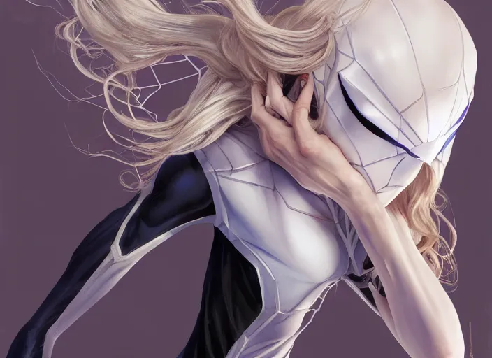 Prompt: spider gwen, highly detailed, digital painting, artstation, concept art, smooth, sharp focus, illustration, artstation, art by artgerm and greg rutkowski and alphonse mucha and j. c. leyendecker and edmund blair leighton and katsuhiro otomo and geof darrow and phil hale and ashley wood and ilya repin and charlie bowater