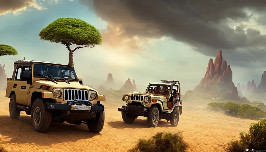 Prompt: mahindra thar driving through madagascar with baobabs trees, animals chasing, action scene, an epic fantasy, artgerm and greg rutkowski and alphonse mucha, an epic fantasy, volumetric light, detailed, establishing shot, an epic fantasy, cinematic, photorealistic, ultrarealistic, trending on art station, octane render, midsommar