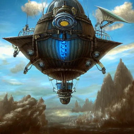 Prompt: steampunk airship flying through clear blue skies, epic fantasy art style HD
