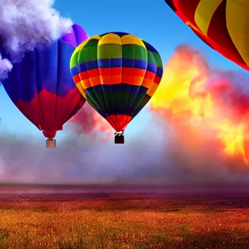 Image similar to colorful hot air balloons float over a fiery battlefield of smoke, fantasy, concept art, colorful, vivid