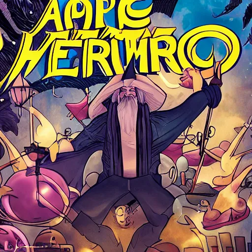 Prompt: a wizard hero character surrounded by many musical keyboards, epic, comic book cover