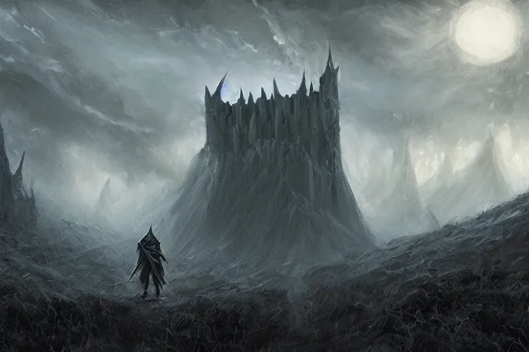 Image similar to concept art mood painting environment painting man walking towards minas morgul ominous dark spectral fortress lord of the rings. style of, ryan church, jon mccoy, george hull, painting