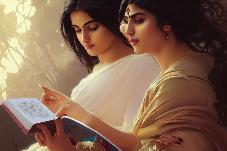 Image similar to sensual good looking pale young bengali girl with soulful eyes reading a novel, portrait, elegant, intricate, digital painting, artstation, concept art, smooth, sharp focus, illustration, art by artgerm and greg rutkowski and alphonse mucha