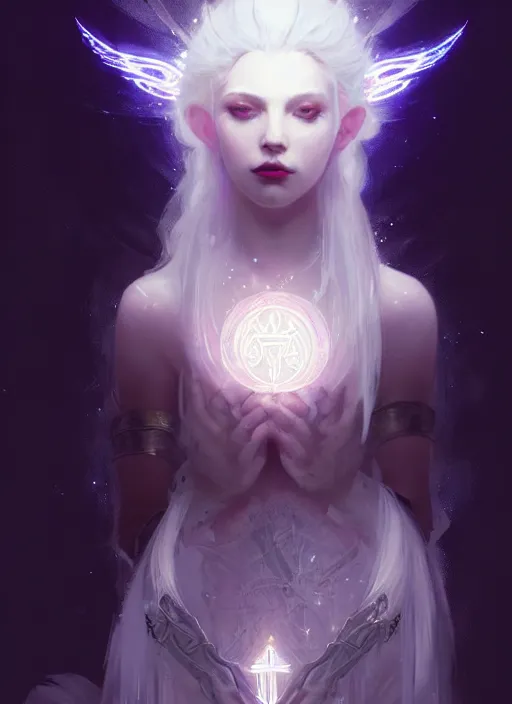 Prompt: a beautiful white haired princess, intricate concept art, ethereal, ominous, mysterious, enchanted, magic, dramatic lighting, illuminated lines, outrun, vaporware, illuminated rune symbols, cyberpunk darksynth, dark background, 8 k, by ruan jia and krenz cushart and alphonse mucha