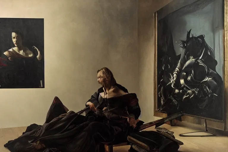 Image similar to stablediffusion sitting at an easel painting a portrait of midjourney, masterpiece, dramatic lighting, painting by caravaggio and ruan jia and daytoner