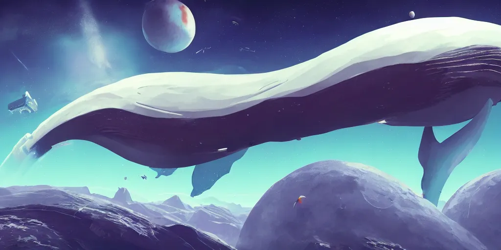 Prompt: no mans sky concept art of flying whale, space whale