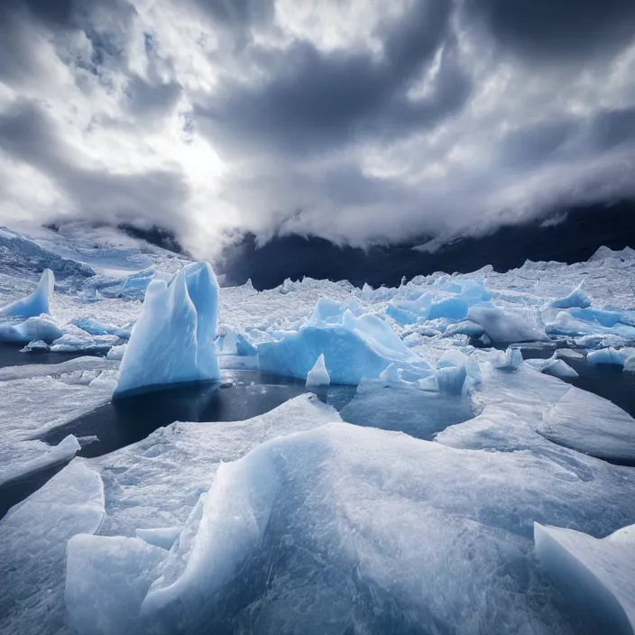 Prompt: award winning photo of floating glacier in the sky surrounded by clouds and mist, mysterious,