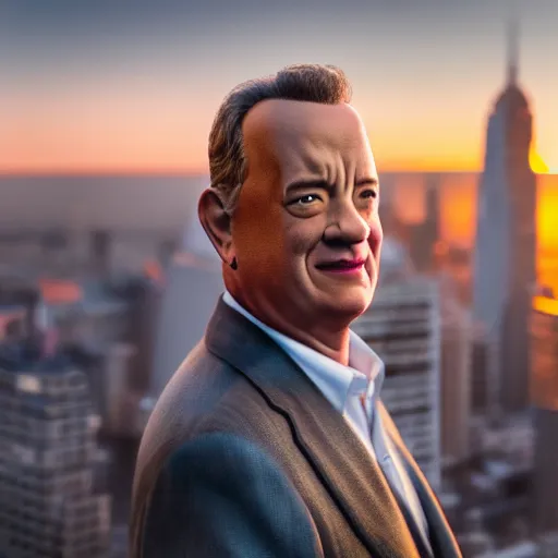 Prompt: a portrait of tom hanks taken on the balconey of a tall building at sunset, photoreal, 4 k, photograph